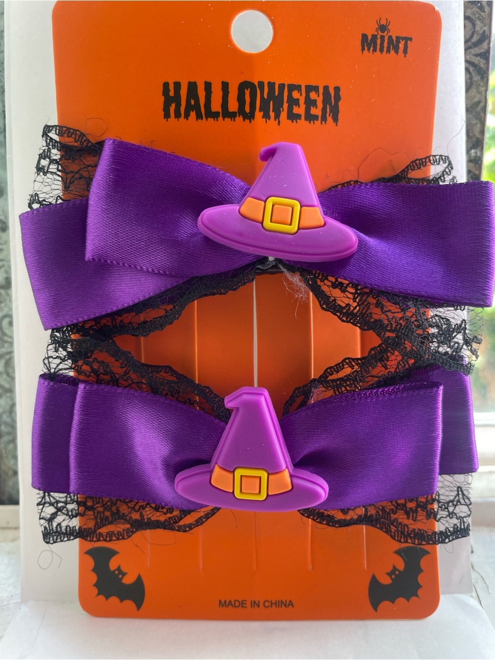 Mint Purple Witch Hat Bow Hair Clips with Black Lace